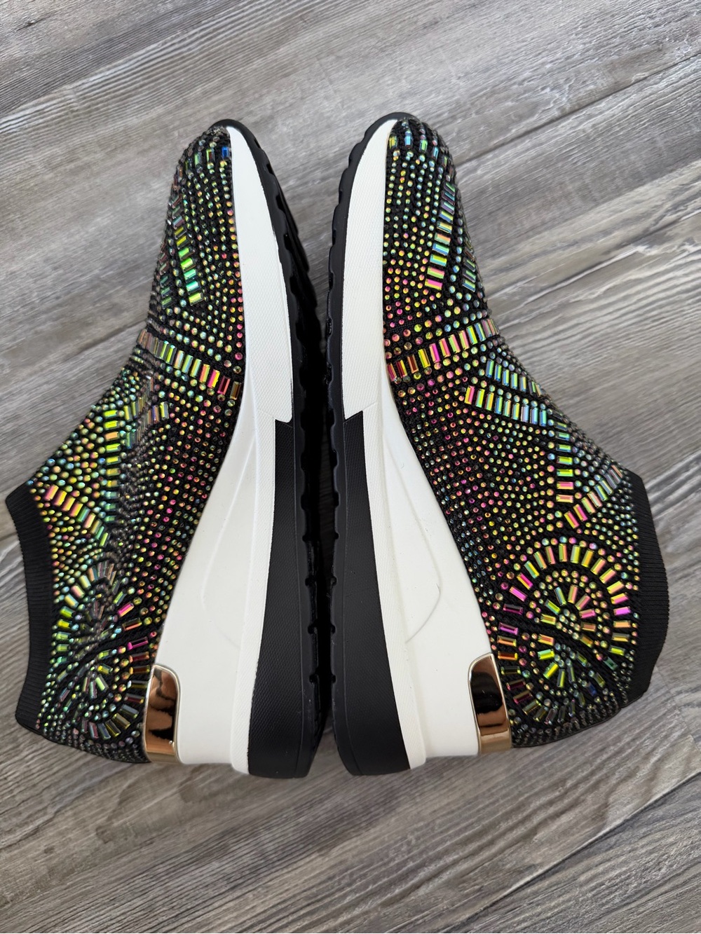 Thalia Sodi Black Slip-On Platform Sneakers with Iridescent Crystal Details